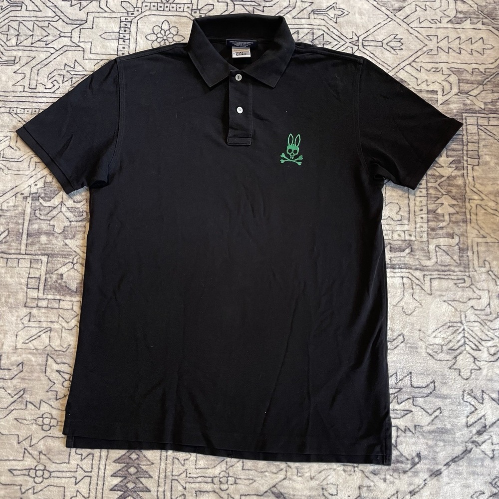 Psycho Bunny Black  Sanderson Pique Green Hit Bunny Logo Men's Polo Size 6